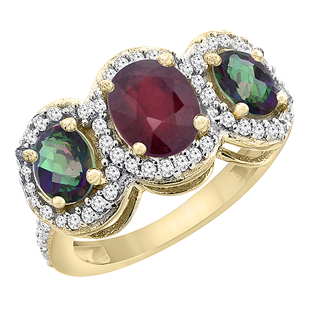 10K Yellow Gold Natural Quality Ruby & Mystic Topaz 3-stone Mothers Ring Oval Diamond Accent, size 5 - 10