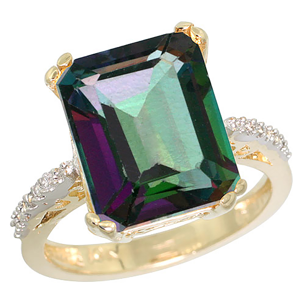 10K Yellow Gold Natural Diamond Mystic Topaz Ring Emerald-cut 12x10mm, sizes 5-10