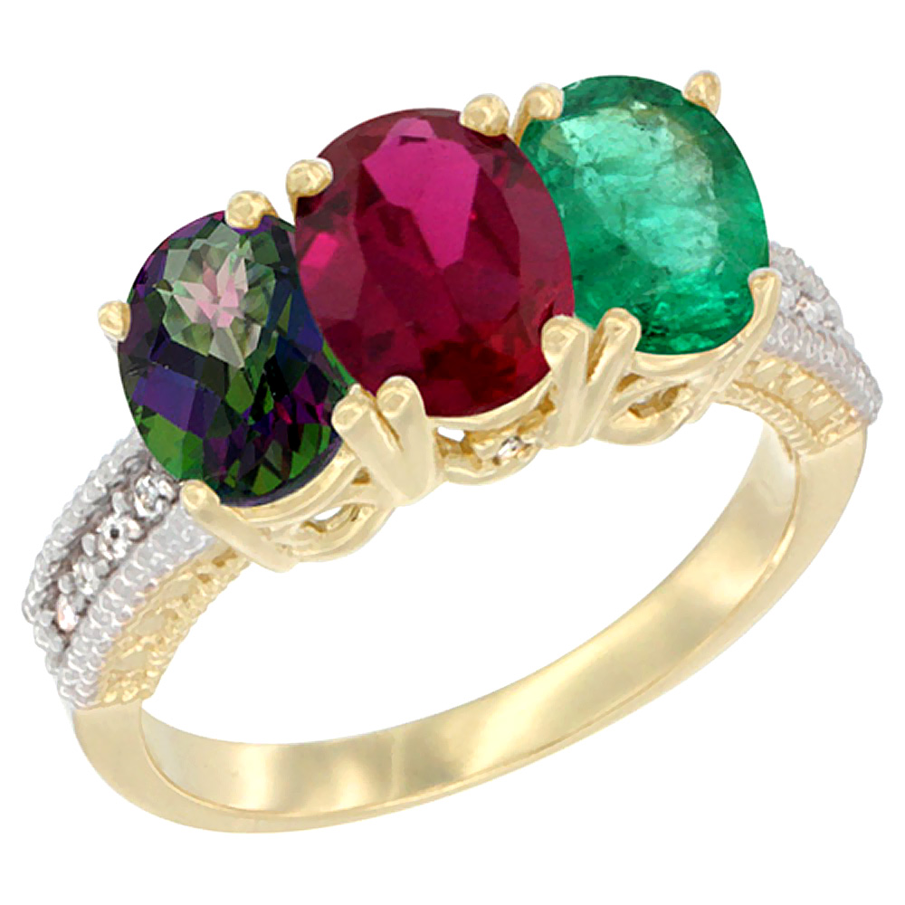 10K Yellow Gold Diamond Natural Mystic Topaz, Enhanced Ruby &amp; Natural Emerald Ring 3-Stone 7x5 mm Oval, sizes 5 - 10