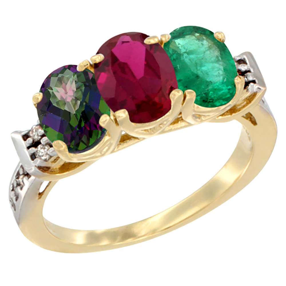 14K Yellow Gold Natural Mystic Topaz, Enhanced Ruby & Natural Emerald Ring 3-Stone Oval 7x5 mm Diamond Accent, sizes 5 - 10