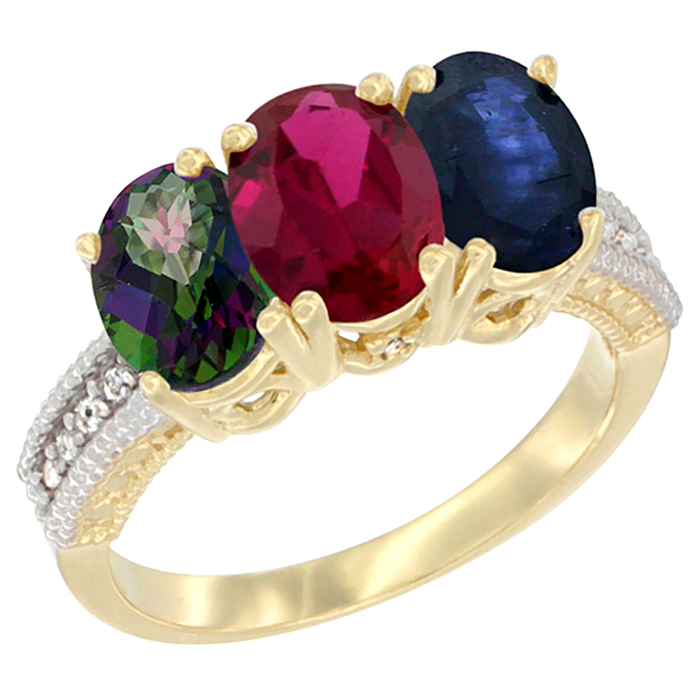 10K Yellow Gold Diamond Natural Mystic Topaz, Enhanced Ruby & Natural Blue Sapphire Ring 3-Stone 7x5 mm Oval, sizes 5 - 10