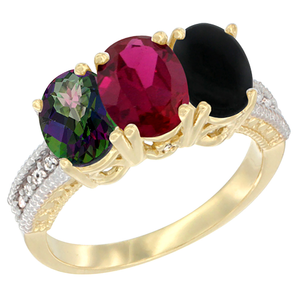 14K Yellow Gold Natural Mystic Topaz, Enhanced Ruby &amp; Natural Black Onyx Ring 3-Stone 7x5 mm Oval Diamond Accent, sizes 5 - 10