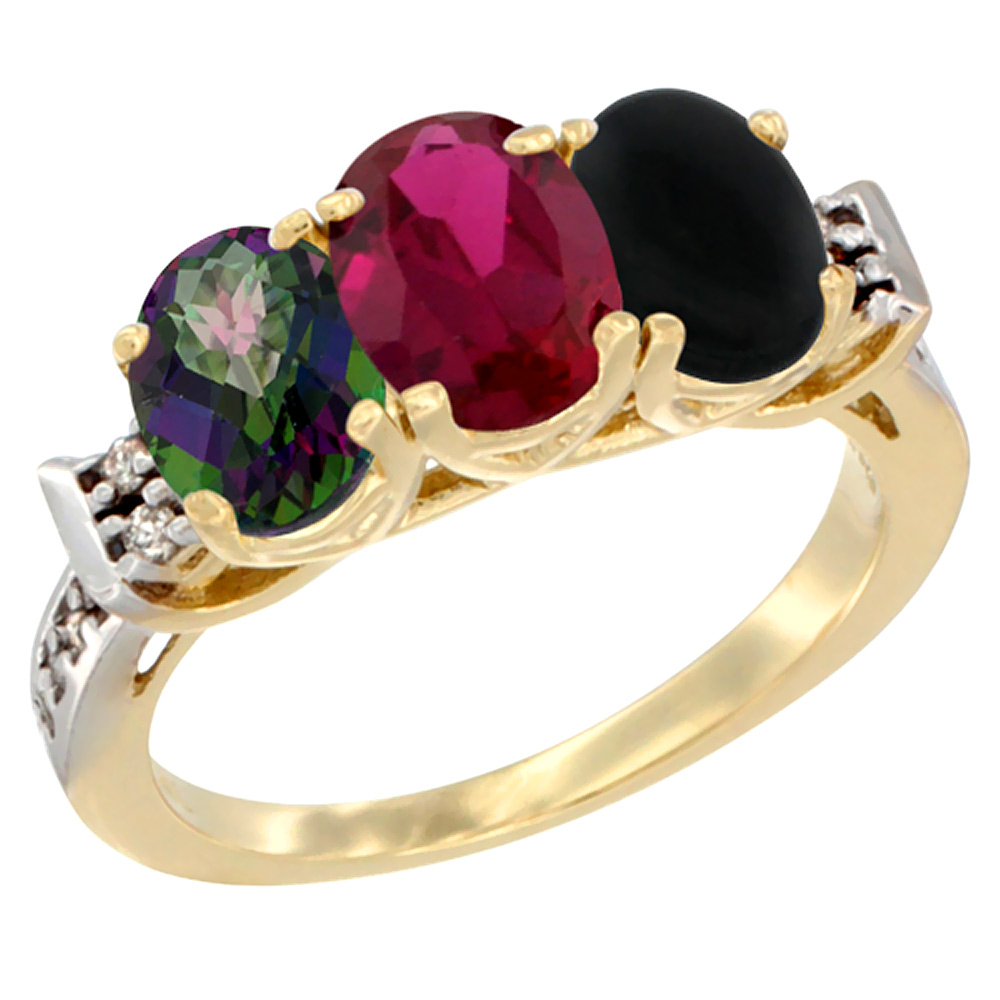 14K Yellow Gold Natural Mystic Topaz, Enhanced Ruby &amp; Natural Black Onyx Ring 3-Stone Oval 7x5 mm Diamond Accent, sizes 5 - 10