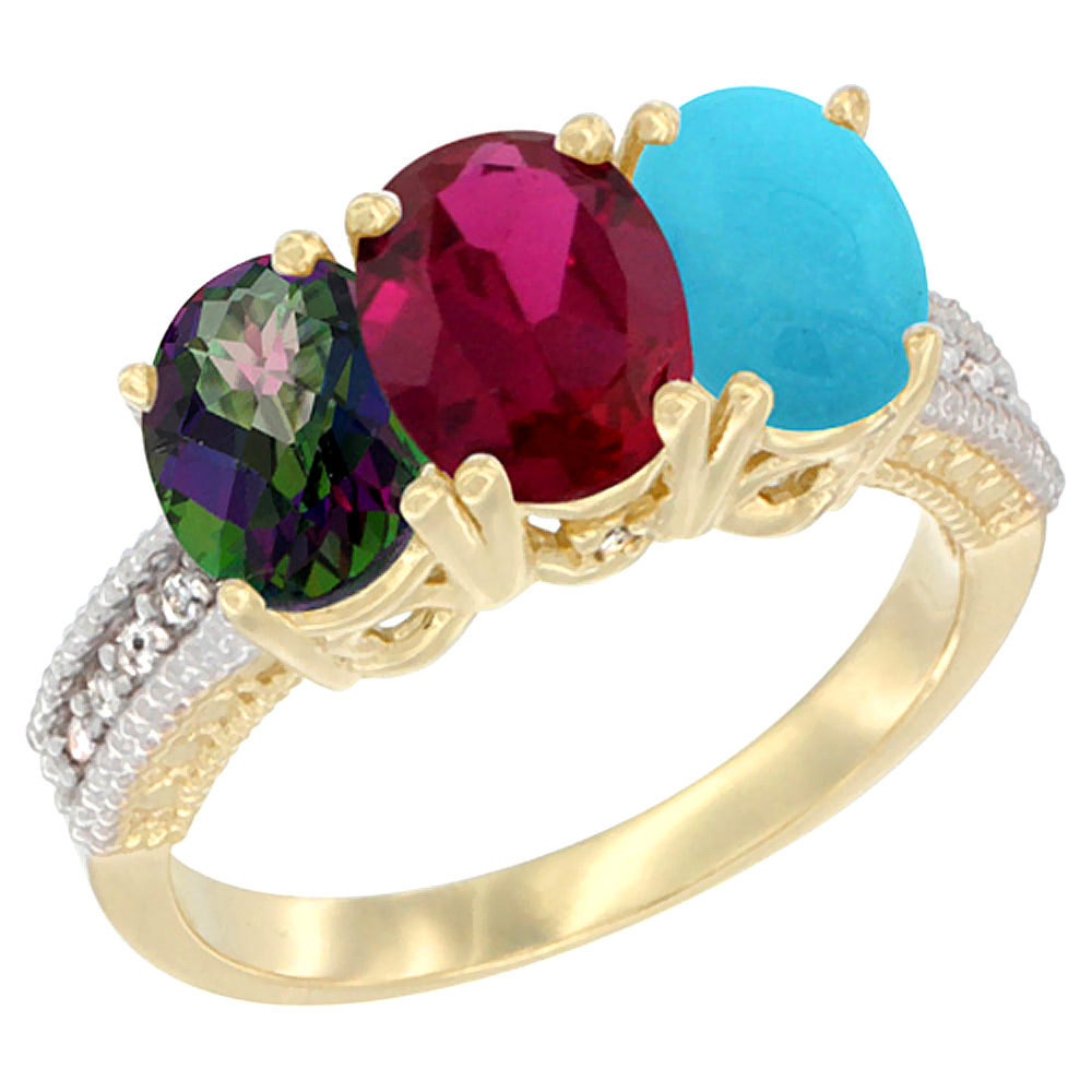 14K Yellow Gold Natural Mystic Topaz, Enhanced Ruby &amp; Natural Turquoise Ring 3-Stone 7x5 mm Oval Diamond Accent, sizes 5 - 10