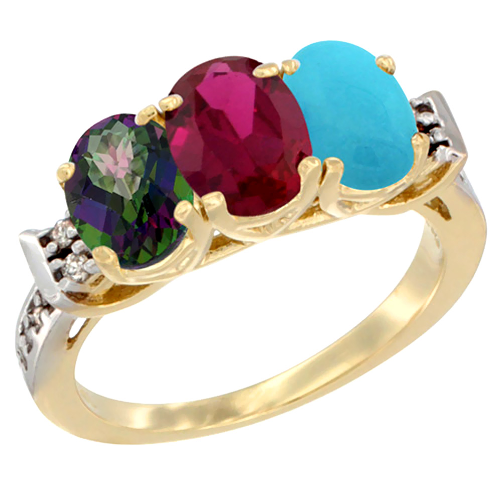 10K Yellow Gold Natural Mystic Topaz, Enhanced Ruby &amp; Natural Turquoise Ring 3-Stone Oval 7x5 mm Diamond Accent, sizes 5 - 10