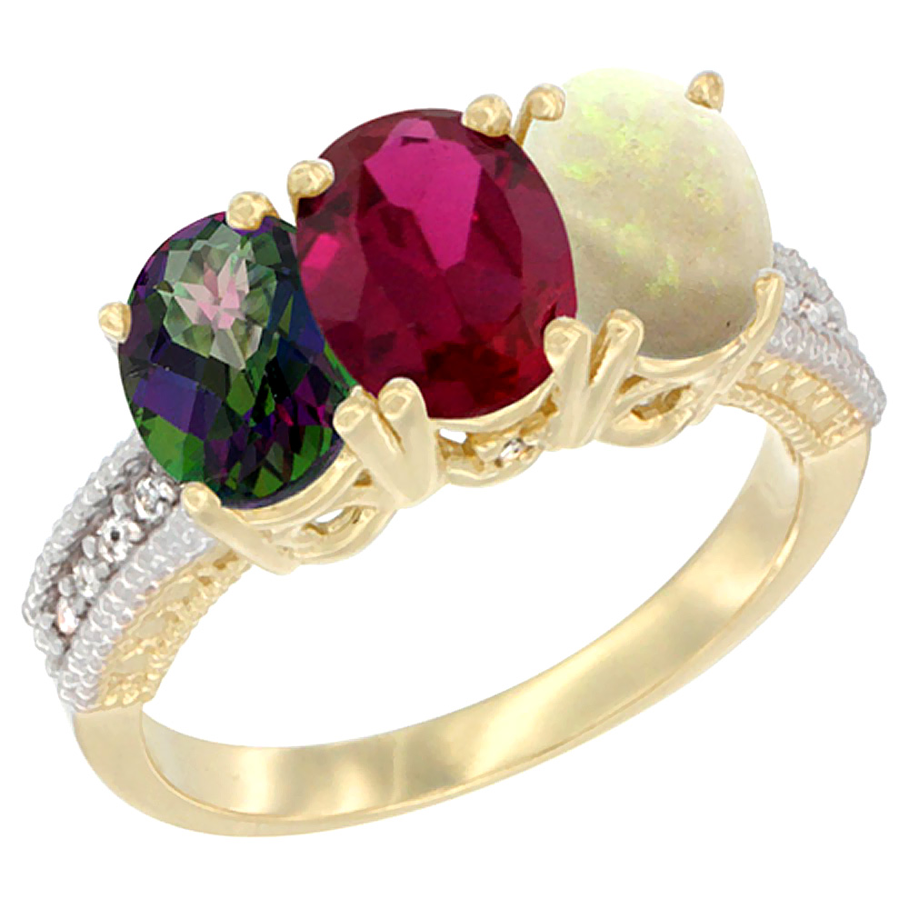 10K Yellow Gold Diamond Natural Mystic Topaz, Enhanced Ruby &amp; Natural Opal Ring 3-Stone 7x5 mm Oval, sizes 5 - 10