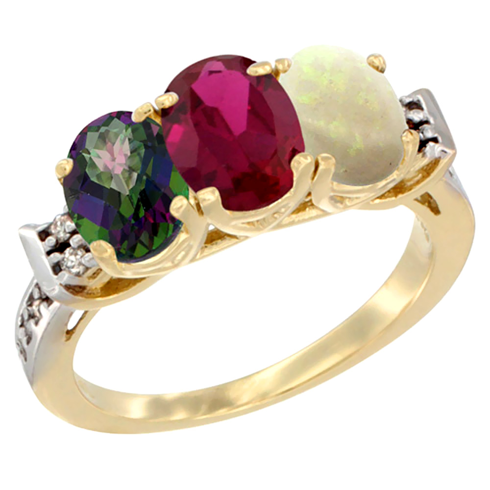 10K Yellow Gold Natural Mystic Topaz, Enhanced Ruby &amp; Natural Opal Ring 3-Stone Oval 7x5 mm Diamond Accent, sizes 5 - 10