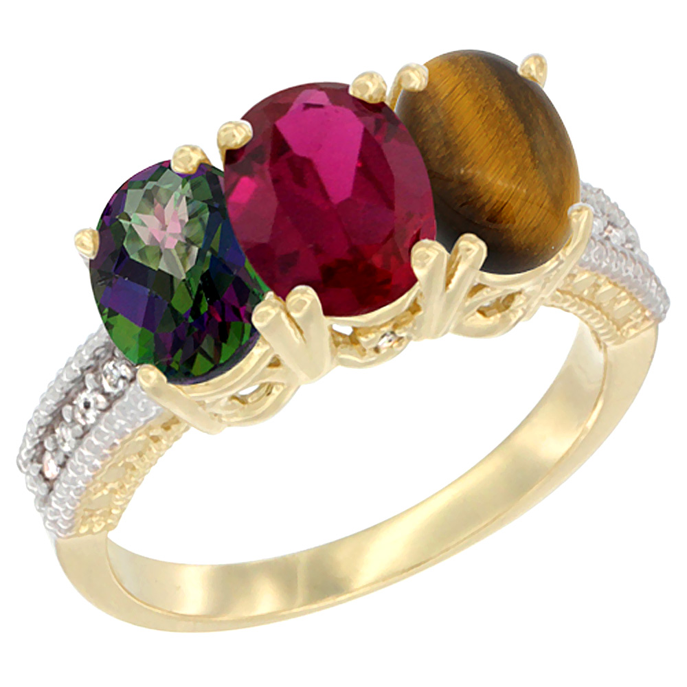 14K Yellow Gold Natural Mystic Topaz, Enhanced Ruby & Natural Tiger Eye Ring 3-Stone 7x5 mm Oval Diamond Accent, sizes 5 - 10