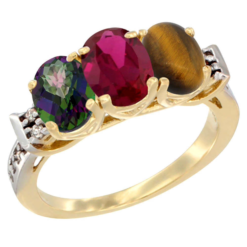 10K Yellow Gold Natural Mystic Topaz, Enhanced Ruby &amp; Natural Tiger Eye Ring 3-Stone Oval 7x5 mm Diamond Accent, sizes 5 - 10