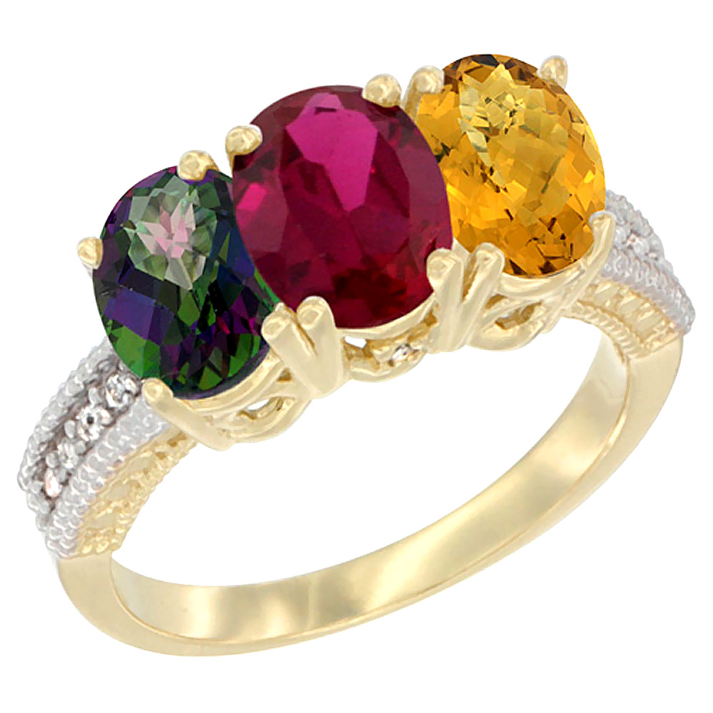 14K Yellow Gold Natural Mystic Topaz, Enhanced Ruby & Natural Whisky Quartz Ring 3-Stone 7x5 mm Oval Diamond Accent, sizes 5 - 10