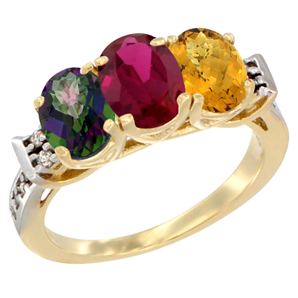 10K Yellow Gold Natural Mystic Topaz, Enhanced Ruby & Natural Whisky Quartz Ring 3-Stone Oval 7x5 mm Diamond Accent, sizes 5 - 10