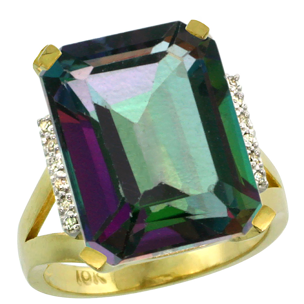 14K Yellow Gold Diamond Natural Mystic Topaz Ring Emerald-cut 16x12mm, sizes 5-10