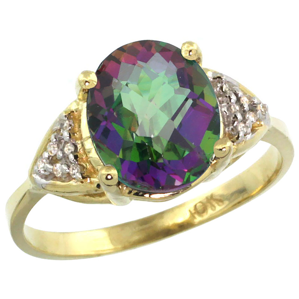 14k Yellow Gold Natural Diamond Mystic Topaz Engagement Ring Oval 10x8mm, sizes 5-10
