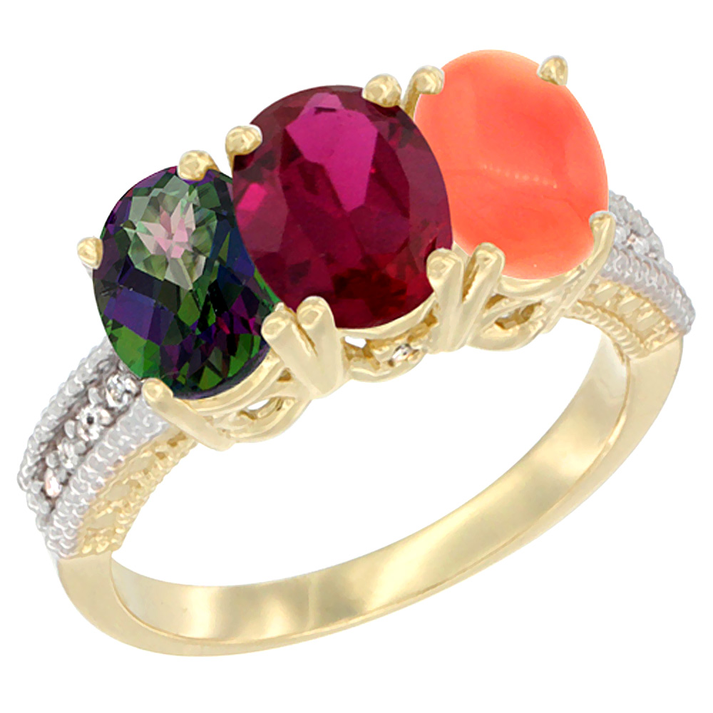10K Yellow Gold Diamond Natural Mystic Topaz, Enhanced Ruby &amp; Natural Coral Ring 3-Stone 7x5 mm Oval, sizes 5 - 10