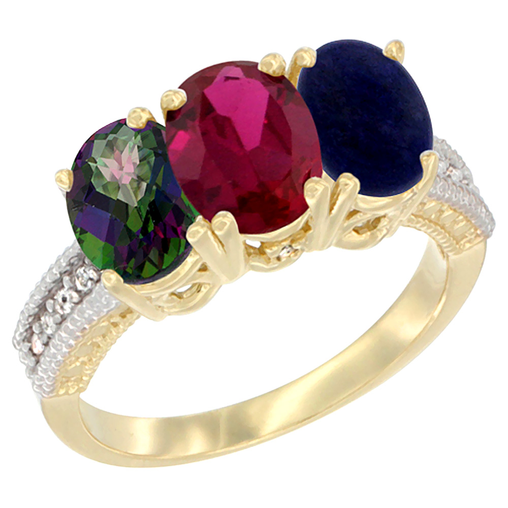 14K Yellow Gold Natural Mystic Topaz, Enhanced Ruby &amp; Natural Lapis Ring 3-Stone 7x5 mm Oval Diamond Accent, sizes 5 - 10