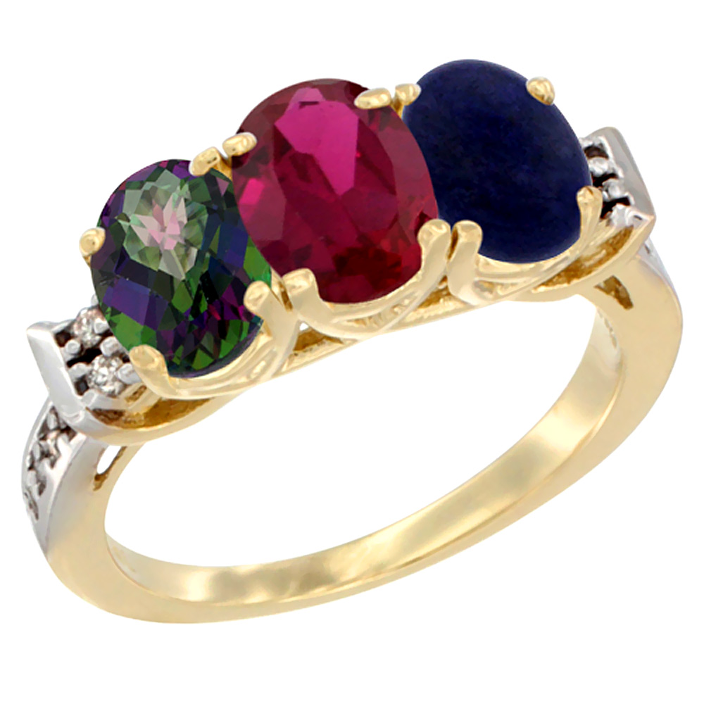 10K Yellow Gold Natural Mystic Topaz, Enhanced Ruby & Natural Lapis Ring 3-Stone Oval 7x5 mm Diamond Accent, sizes 5 - 10