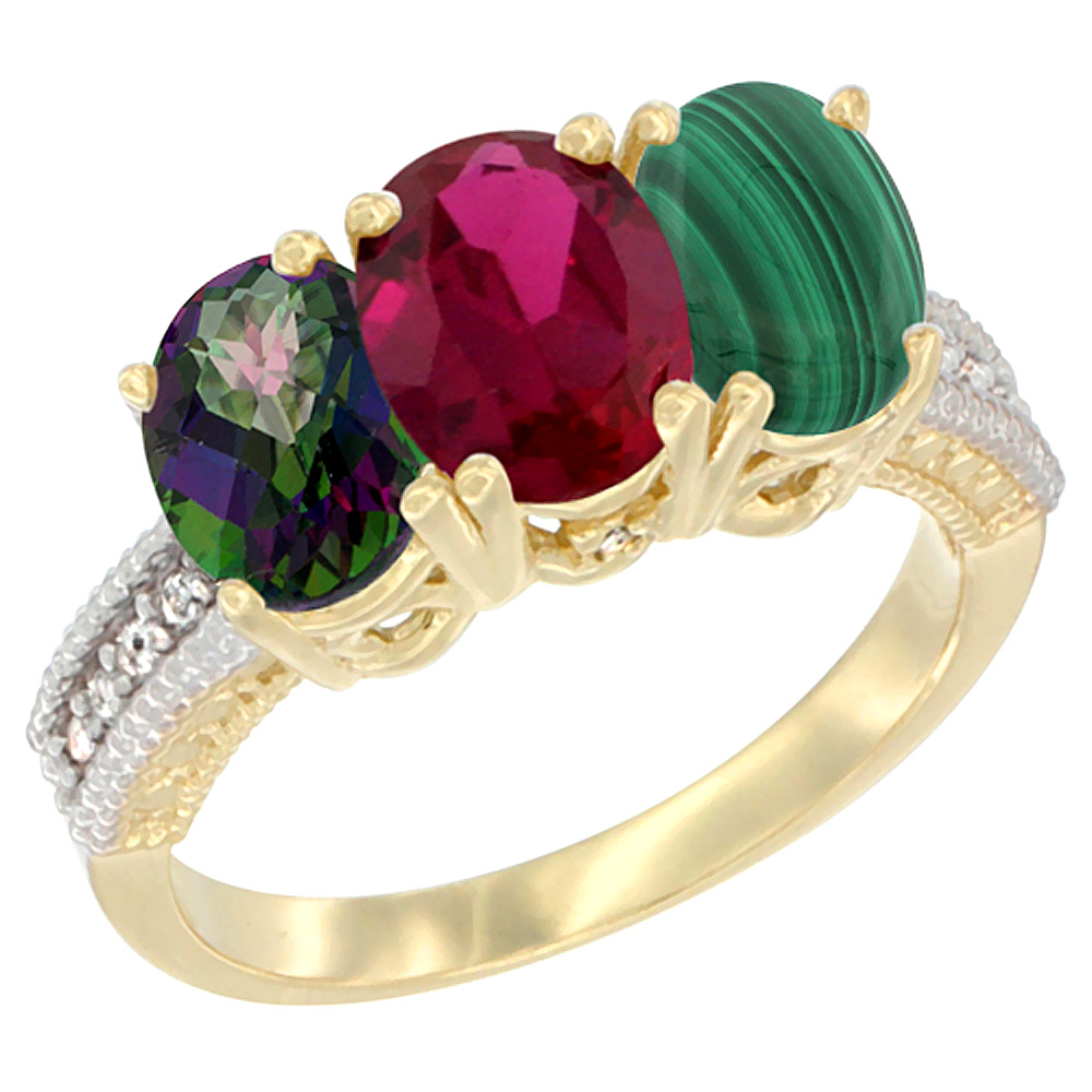 14K Yellow Gold Natural Mystic Topaz, Enhanced Ruby &amp; Natural Malachite Ring 3-Stone 7x5 mm Oval Diamond Accent, sizes 5 - 10