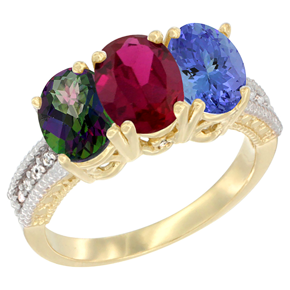 14K Yellow Gold Natural Mystic Topaz, Enhanced Ruby & Natural Tanzanite Ring 3-Stone 7x5 mm Oval Diamond Accent, sizes 5 - 10