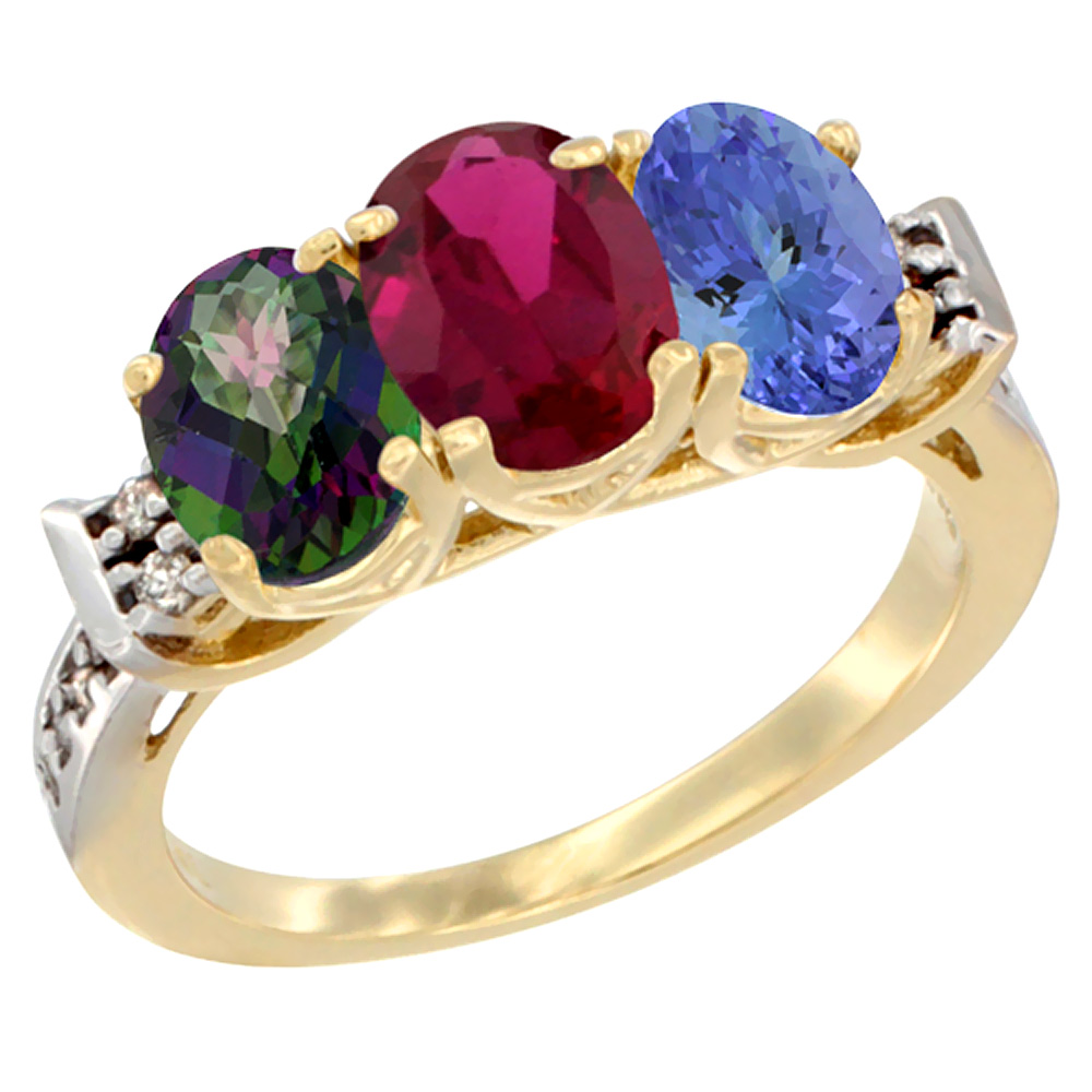 10K Yellow Gold Natural Mystic Topaz, Enhanced Ruby & Natural Tanzanite Ring 3-Stone Oval 7x5 mm Diamond Accent, sizes 5 - 10