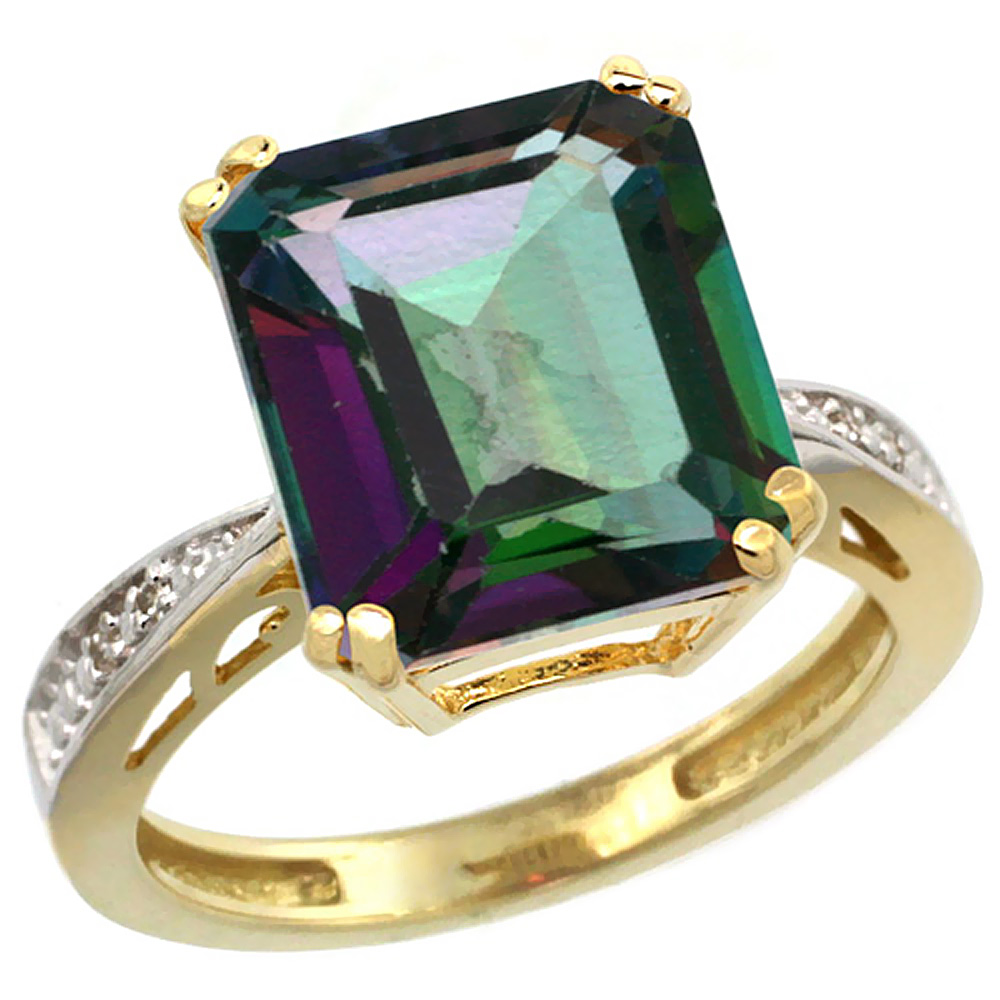 14K Yellow Gold Natural Diamond Mystic Topaz Ring Emerald-cut 12x10mm, sizes 5-10