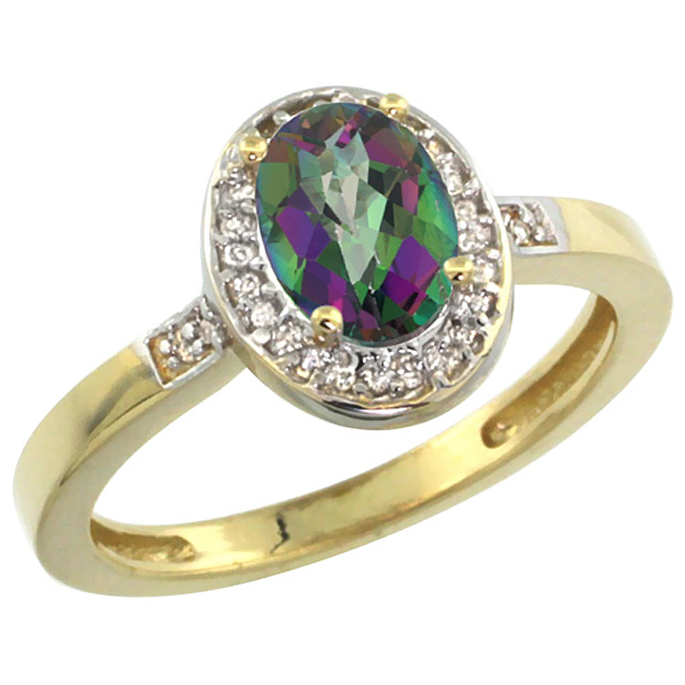 10K Yellow Gold Natural Diamond Mystic Topaz Engagement Ring Oval 7x5mm, sizes 5-10