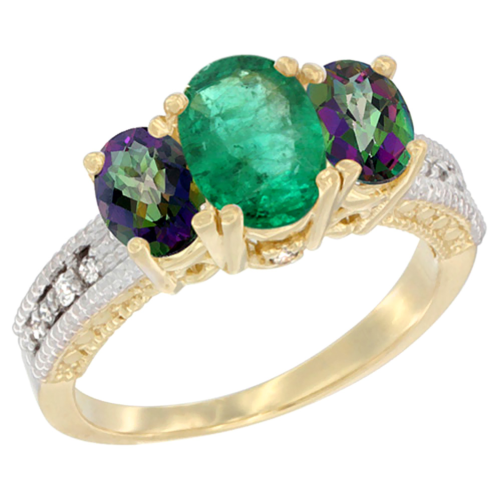 14K Yellow Gold Diamond Natural Emerald Ring Oval 3-stone with Mystic Topaz, sizes 5 - 10