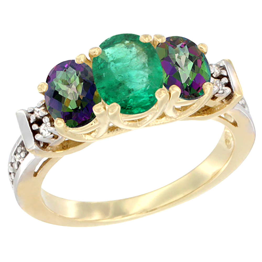 10K Yellow Gold Natural Emerald &amp; Mystic Topaz Ring 3-Stone Oval Diamond Accent