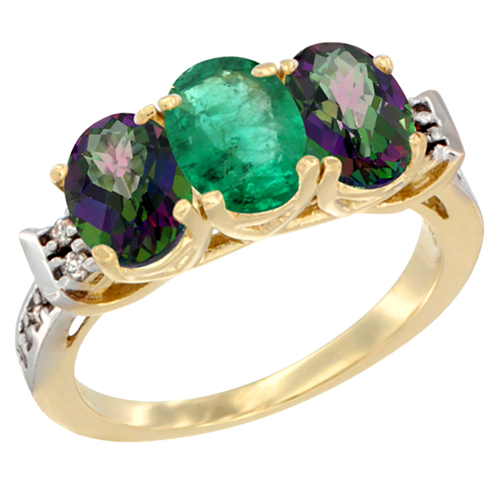 10K Yellow Gold Natural Emerald &amp; Mystic Topaz Sides Ring 3-Stone Oval 7x5 mm Diamond Accent, sizes 5 - 10