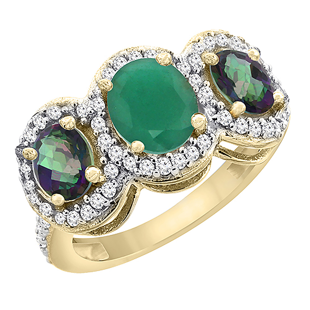 14K Yellow Gold Natural Quality Emerald & Mystic Topaz 3-stone Mothers Ring Oval Diamond Accent, sz5 - 10