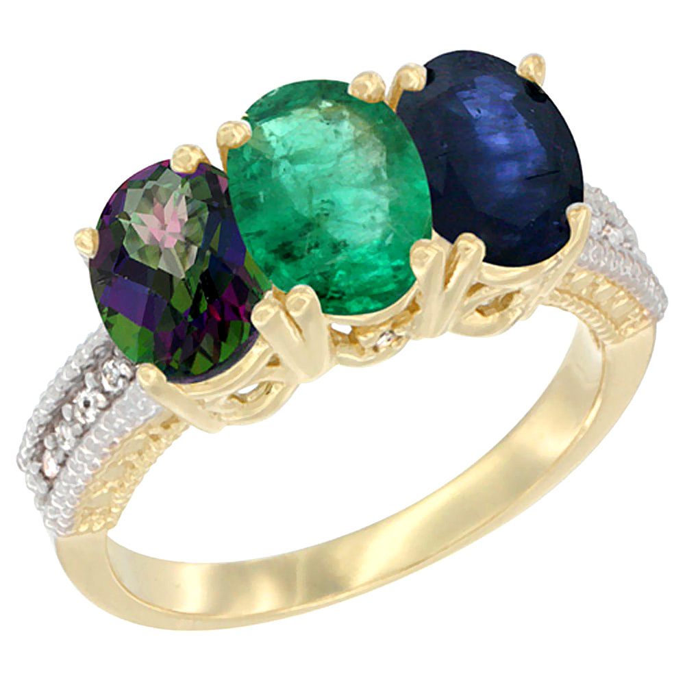 10K Yellow Gold Diamond Natural Mystic Topaz, Emerald &amp; Blue Sapphire Ring 3-Stone 7x5 mm Oval, sizes 5 - 10