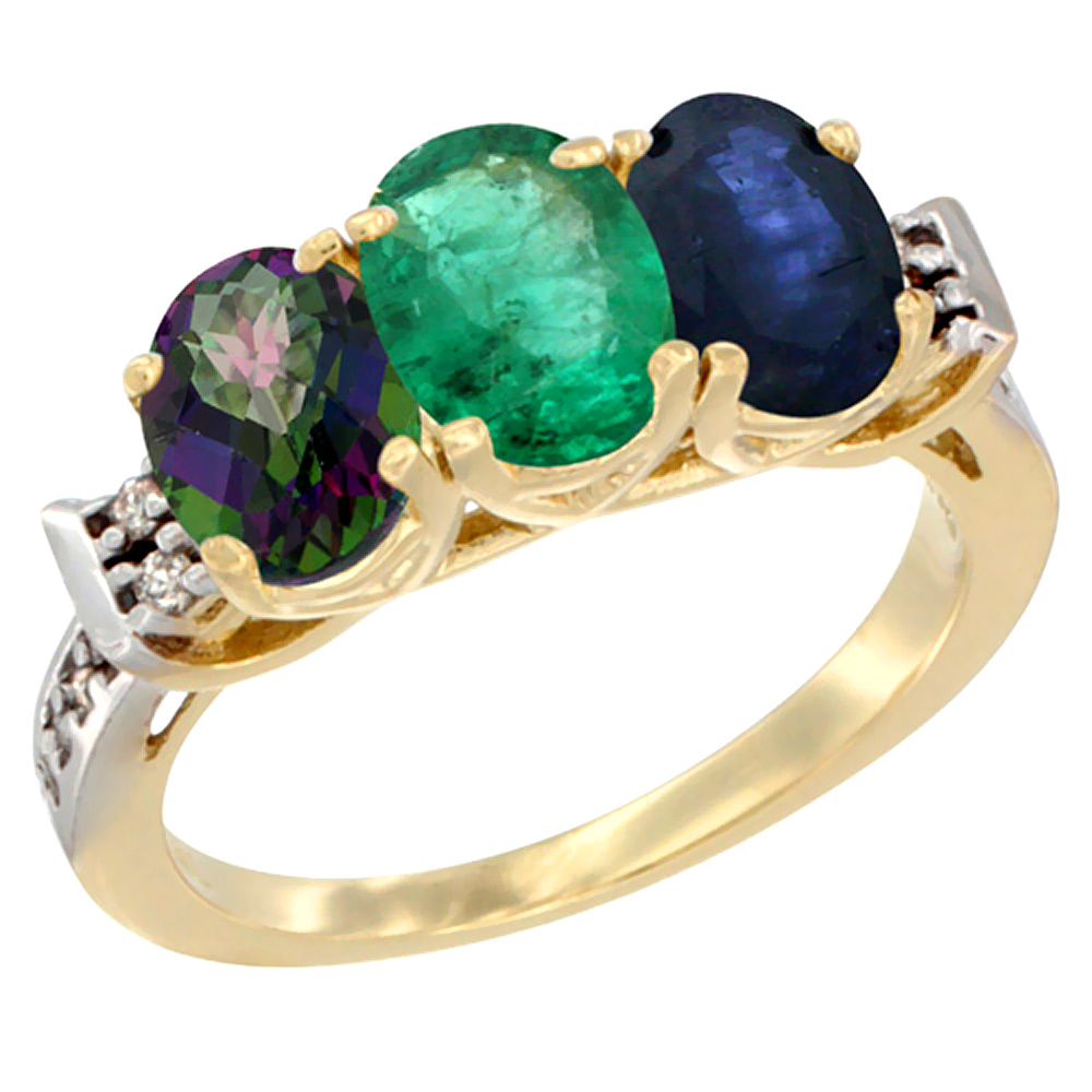 10K Yellow Gold Natural Mystic Topaz, Emerald &amp; Blue Sapphire Ring 3-Stone Oval 7x5 mm Diamond Accent, sizes 5 - 10