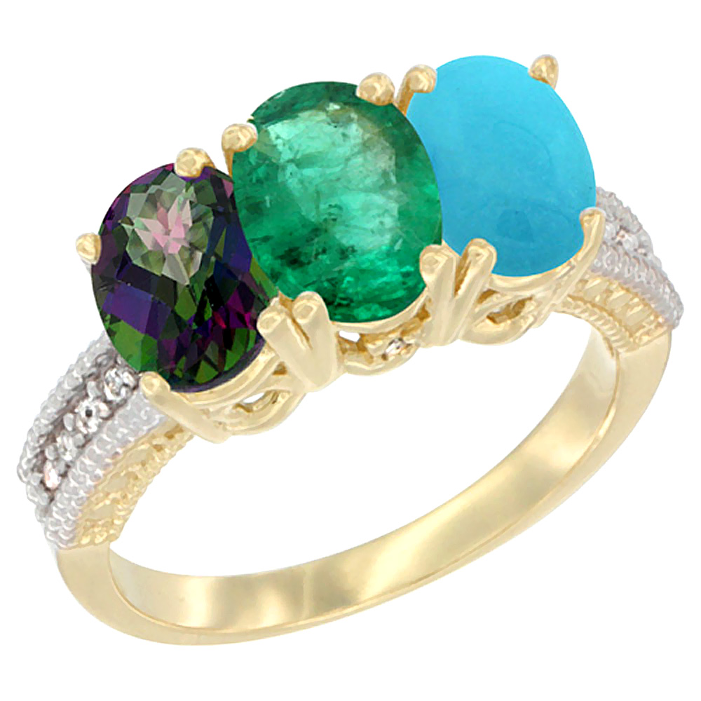 10K Yellow Gold Diamond Natural Mystic Topaz, Emerald &amp; Turquoise Ring 3-Stone 7x5 mm Oval, sizes 5 - 10