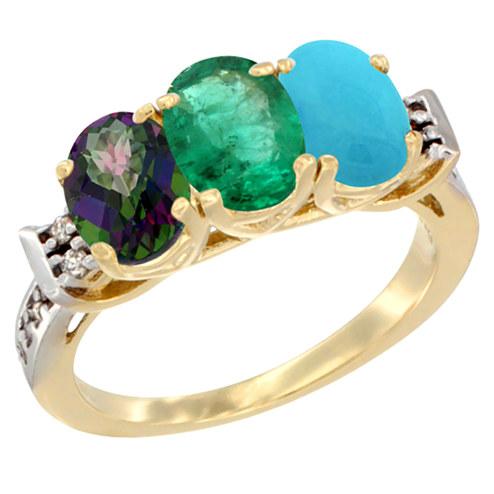 10K Yellow Gold Natural Mystic Topaz, Emerald &amp; Turquoise Ring 3-Stone Oval 7x5 mm Diamond Accent, sizes 5 - 10