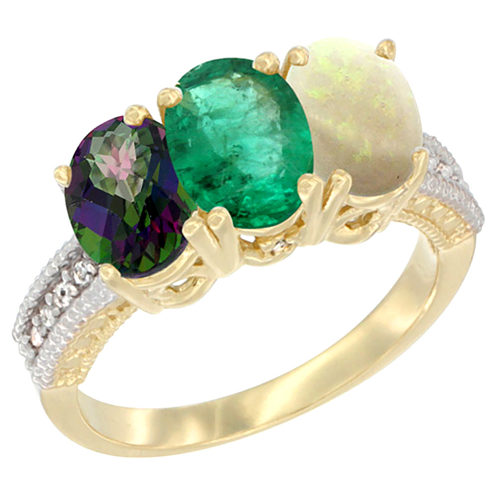 10K Yellow Gold Diamond Natural Mystic Topaz, Emerald &amp; Opal Ring 3-Stone 7x5 mm Oval, sizes 5 - 10
