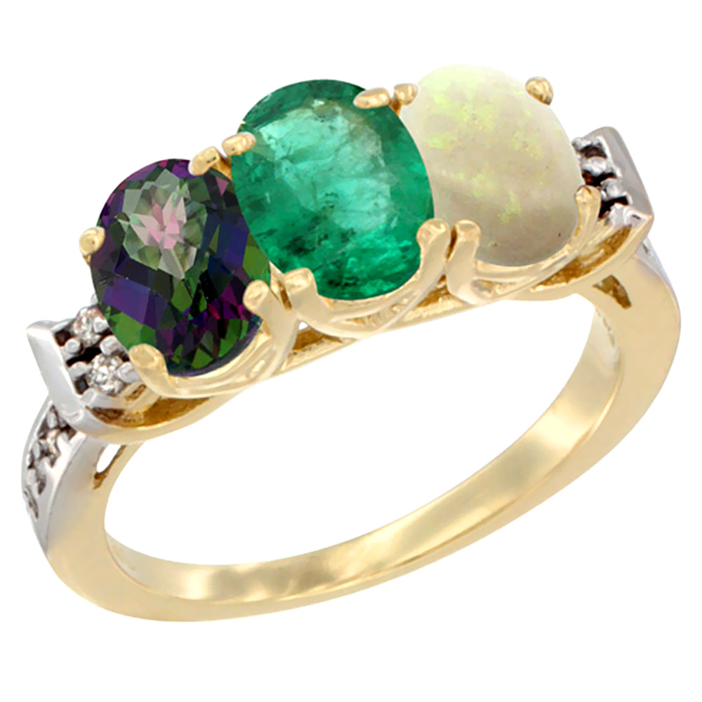 10K Yellow Gold Natural Mystic Topaz, Emerald &amp; Opal Ring 3-Stone Oval 7x5 mm Diamond Accent, sizes 5 - 10