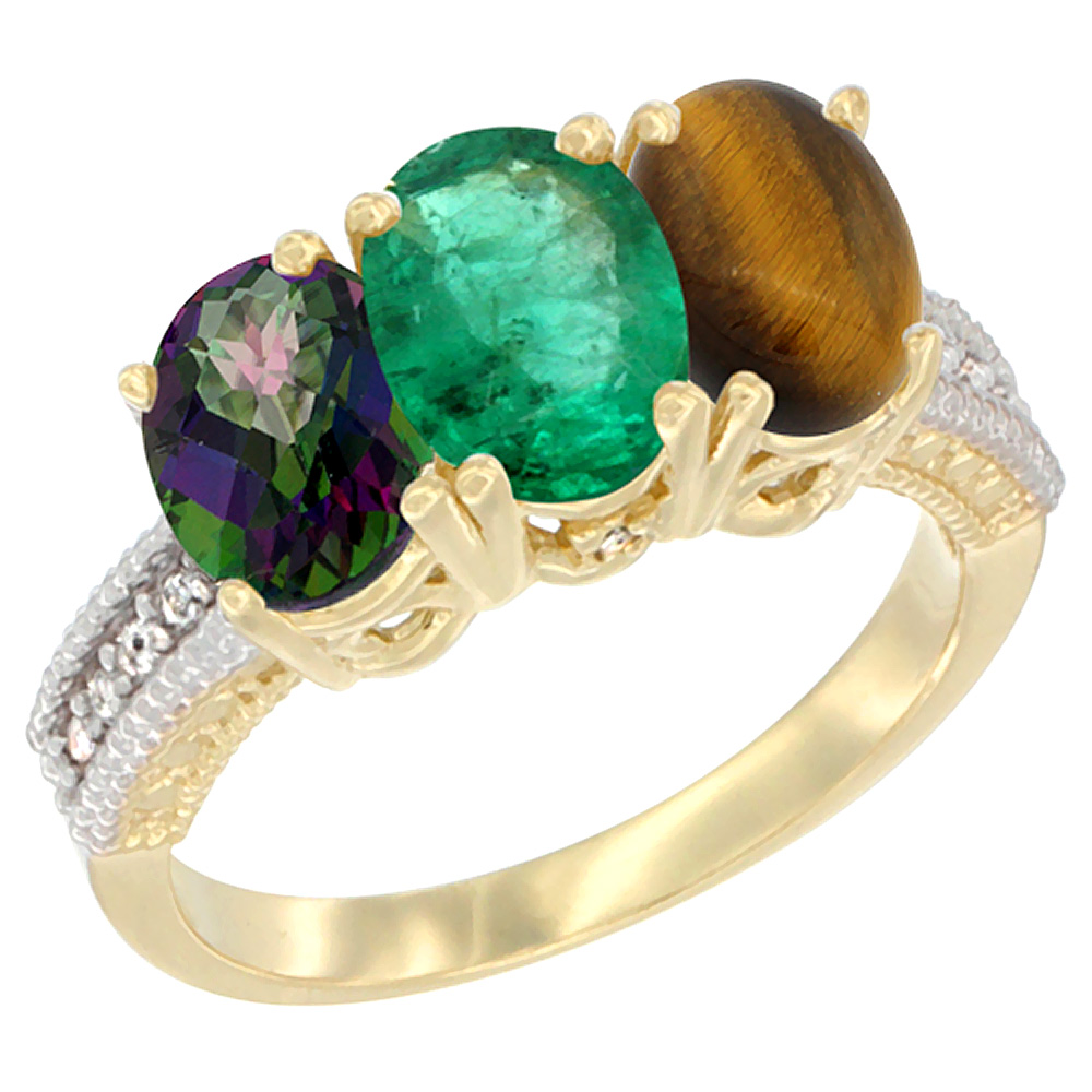 10K Yellow Gold Diamond Natural Mystic Topaz, Emerald &amp; Tiger Eye Ring 3-Stone 7x5 mm Oval, sizes 5 - 10
