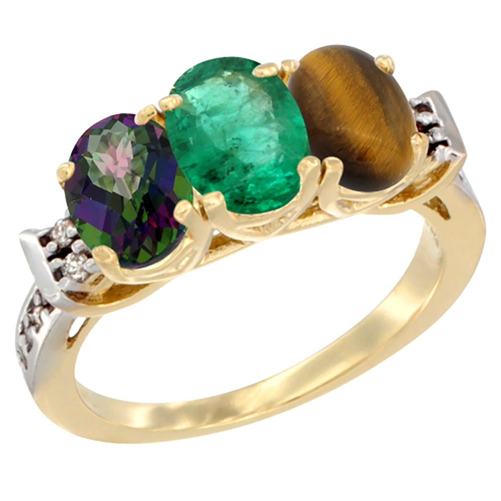 10K Yellow Gold Natural Mystic Topaz, Emerald &amp; Tiger Eye Ring 3-Stone Oval 7x5 mm Diamond Accent, sizes 5 - 10