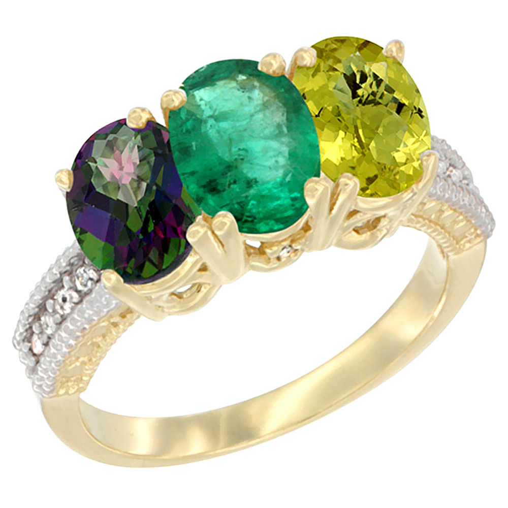 10K Yellow Gold Diamond Natural Mystic Topaz, Emerald &amp; Lemon Quartz Ring 3-Stone 7x5 mm Oval, sizes 5 - 10