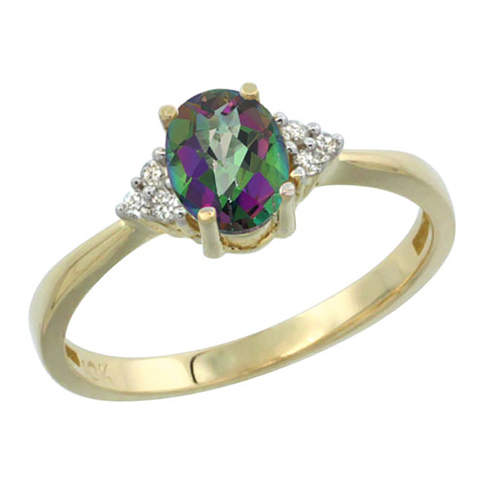 14K Yellow Gold Diamond Natural Mystic Topaz Engagement Ring Oval 7x5mm, sizes 5-10