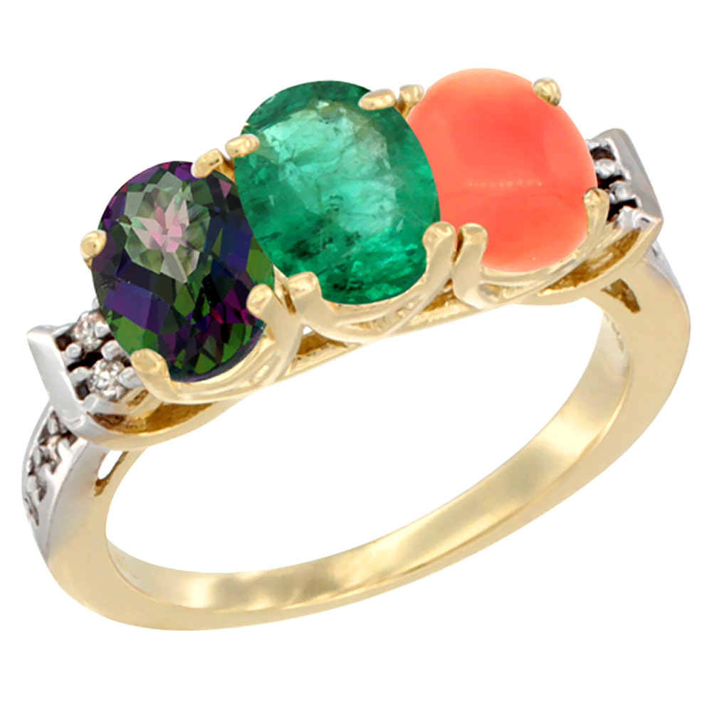 10K Yellow Gold Natural Mystic Topaz, Emerald &amp; Coral Ring 3-Stone Oval 7x5 mm Diamond Accent, sizes 5 - 10