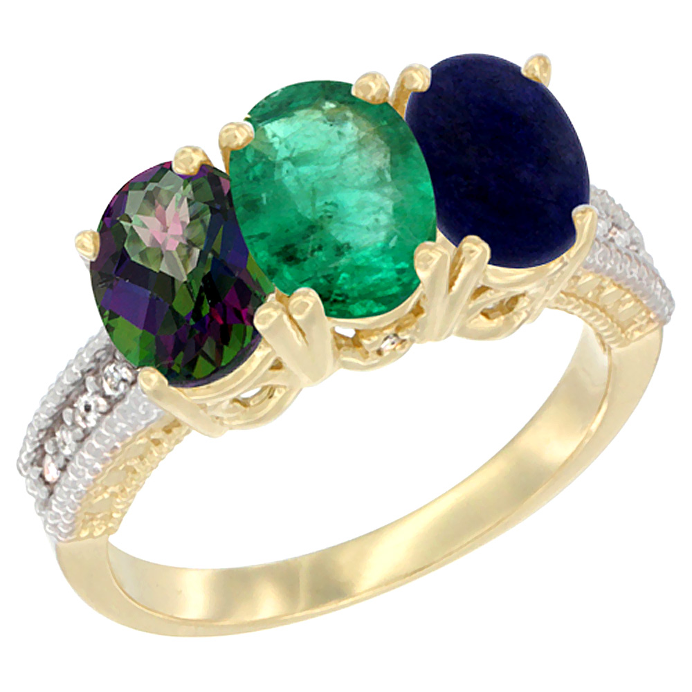 10K Yellow Gold Diamond Natural Mystic Topaz, Emerald & Lapis Ring 3-Stone 7x5 mm Oval, sizes 5 - 10
