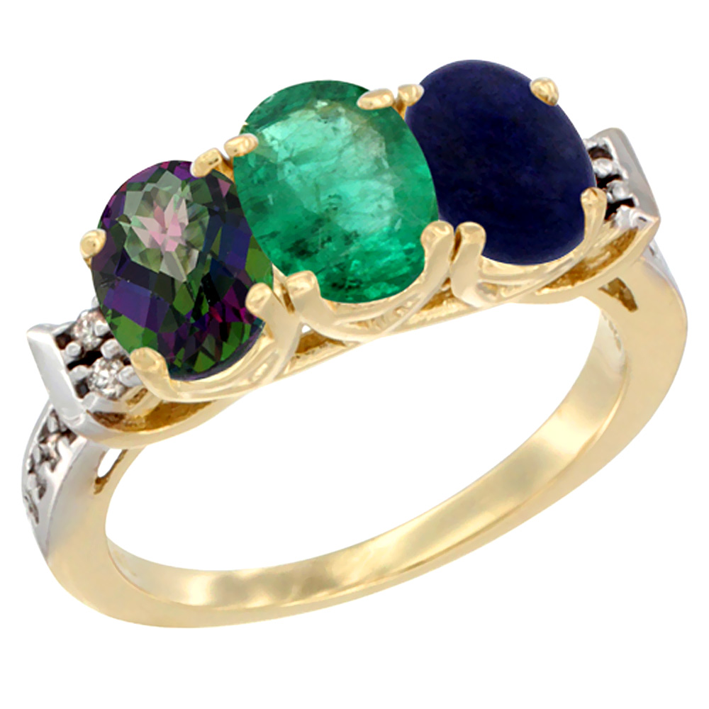 10K Yellow Gold Natural Mystic Topaz, Emerald & Lapis Ring 3-Stone Oval 7x5 mm Diamond Accent, sizes 5 - 10