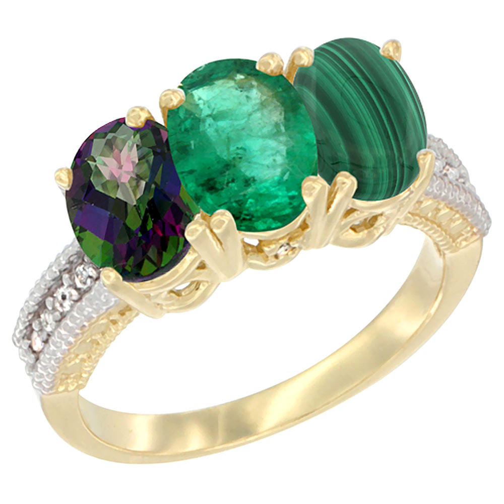 14K Yellow Gold Natural Mystic Topaz, Emerald & Malachite Ring 3-Stone 7x5 mm Oval Diamond Accent, sizes 5 - 10