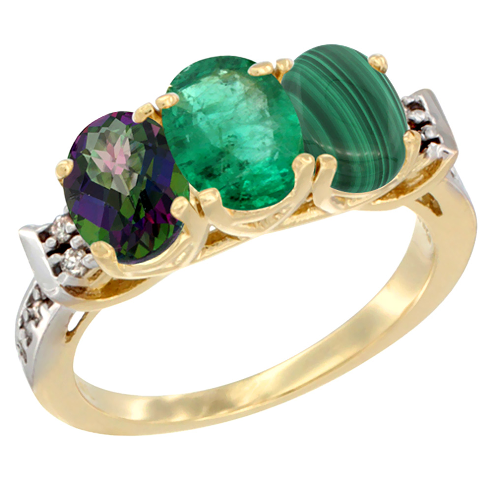 14K Yellow Gold Natural Mystic Topaz, Emerald & Malachite Ring 3-Stone 7x5 mm Oval Diamond Accent, sizes 5 - 10