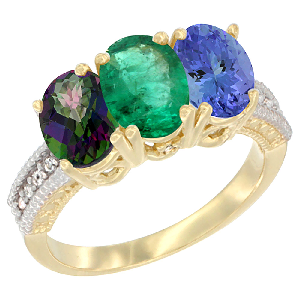 10K Yellow Gold Diamond Natural Mystic Topaz, Emerald & Tanzanite Ring 3-Stone 7x5 mm Oval, sizes 5 - 10