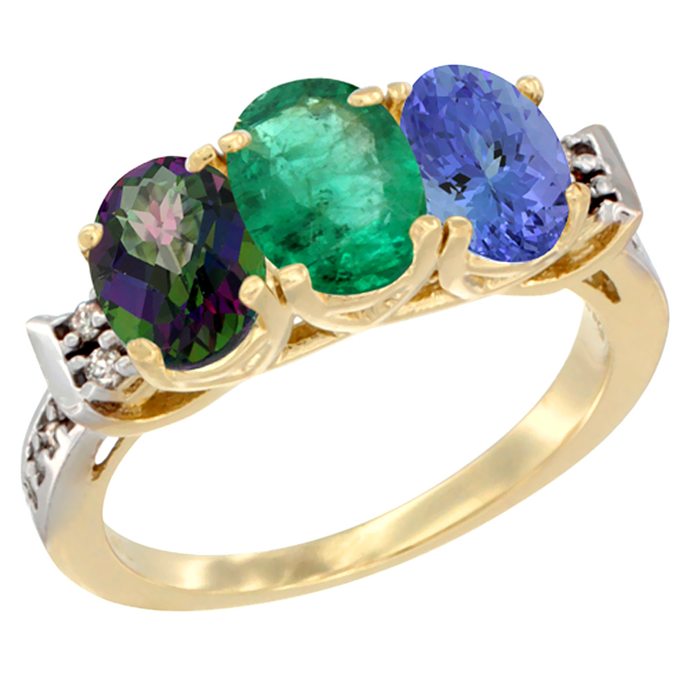 10K Yellow Gold Natural Mystic Topaz, Emerald & Tanzanite Ring 3-Stone Oval 7x5 mm Diamond Accent, sizes 5 - 10
