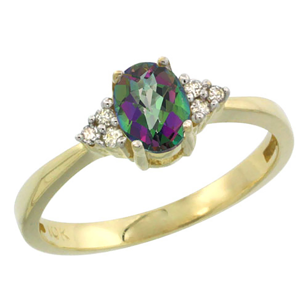 14K Yellow Gold Natural Mystic Topaz Ring Oval 6x4mm Diamond Accent, sizes 5-10