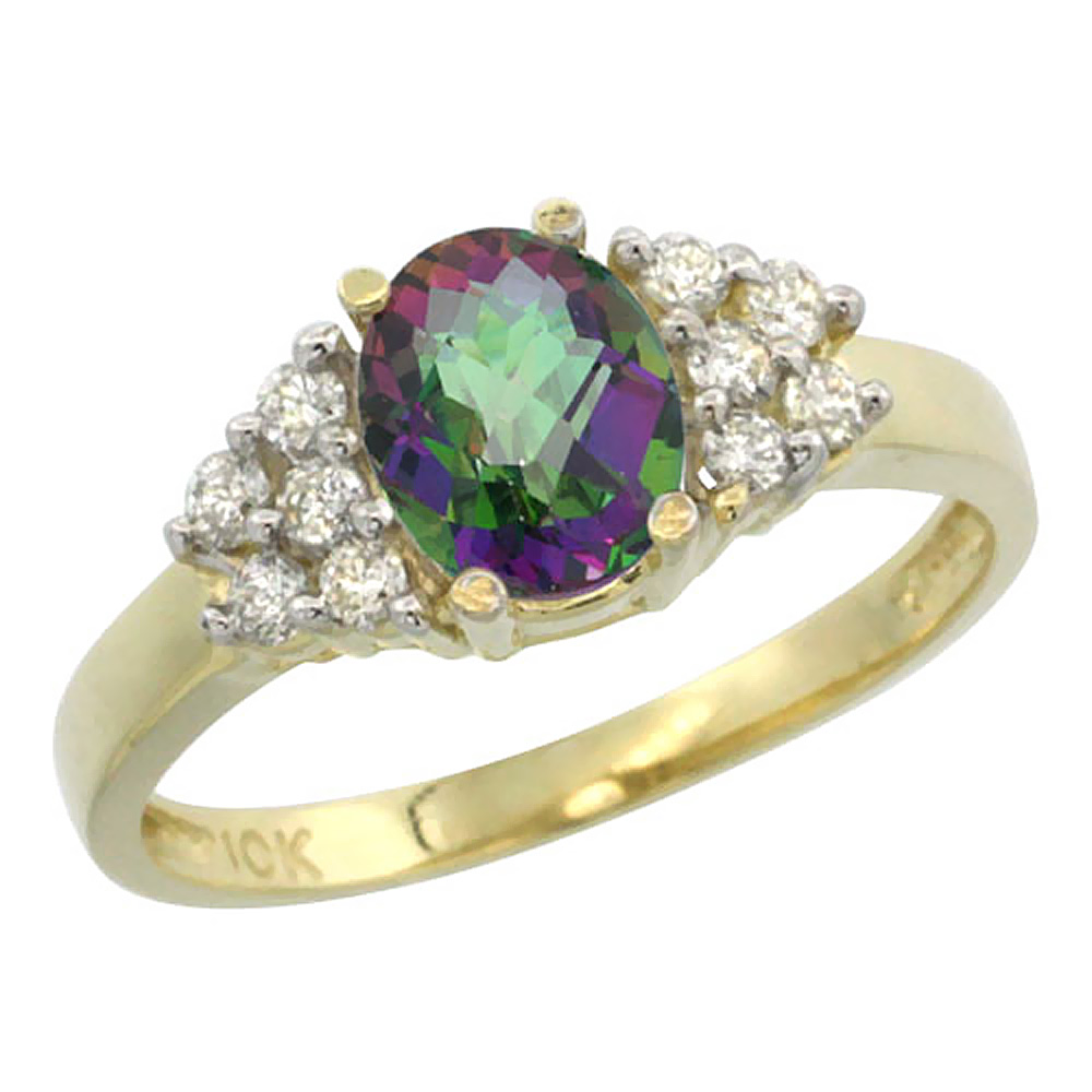 14K Yellow Gold Natural Mystic Topaz Ring Oval 8x6mm Diamond Accent, sizes 5-10