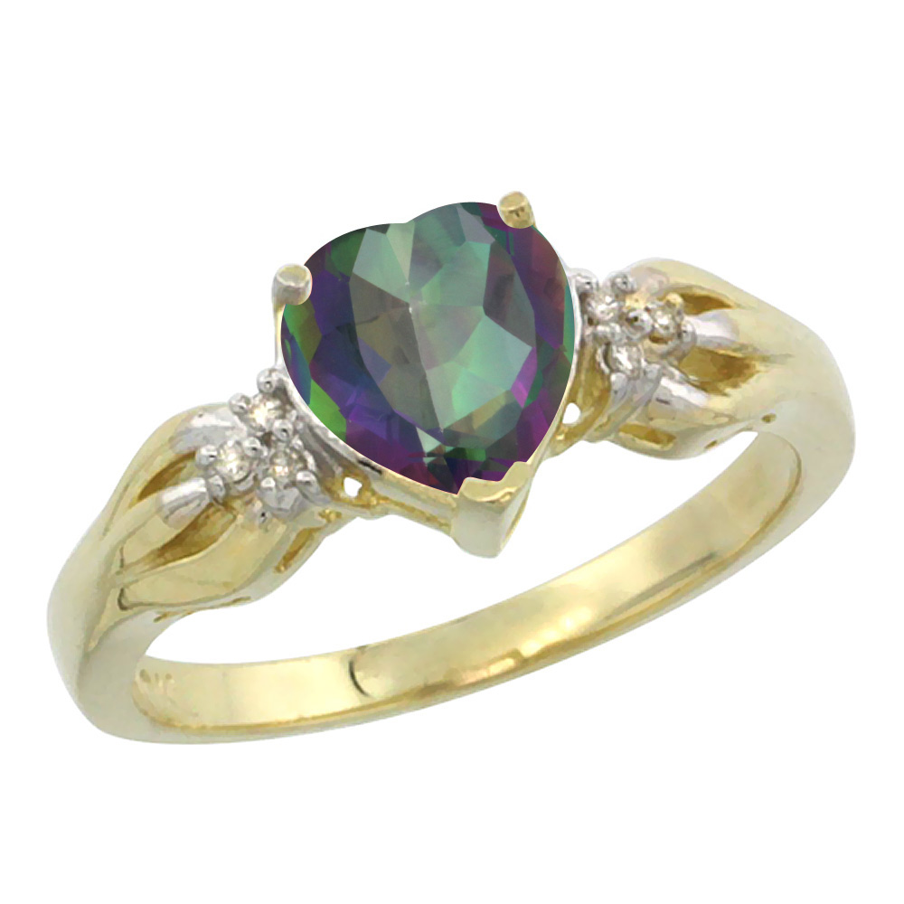 14K Yellow Gold Natural Mystic Topaz Ring Heart-shape 7x7mm Diamond Accent, sizes 5-10