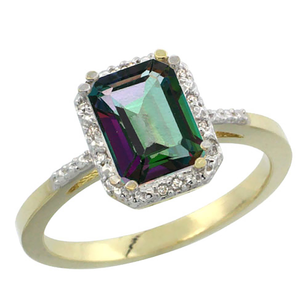 14K Yellow Gold Natural Mystic Topaz Ring Emerald-shape 8x6mm Diamond Accent, sizes 5-10